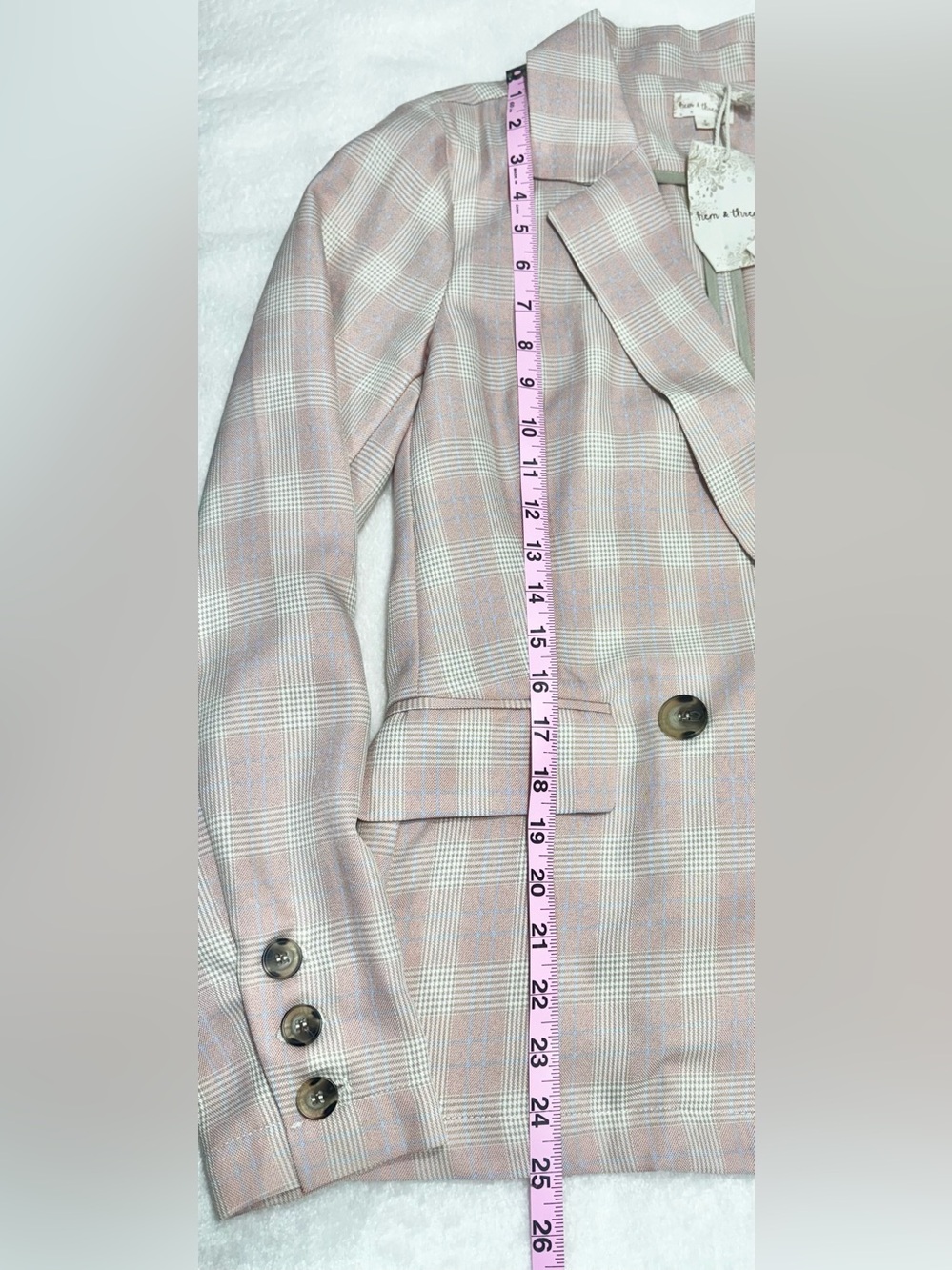 Hem & Thread Pink and Cream Plaid Double-Breasted Blazer Size Small - Picture 11 of 13